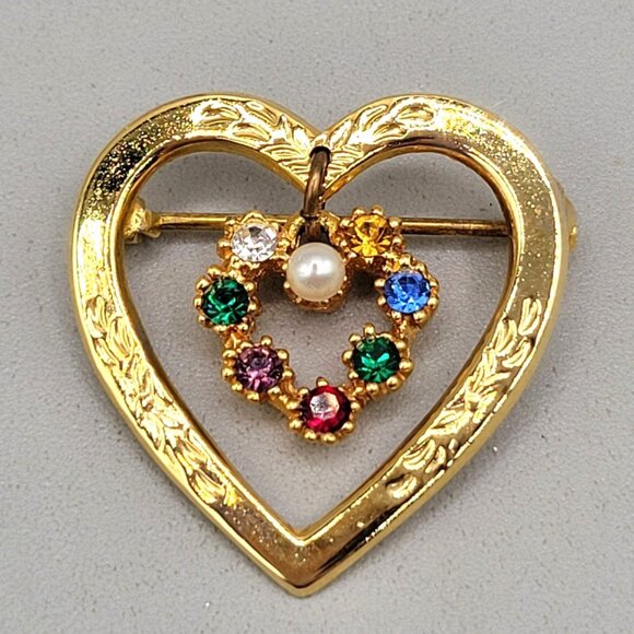 Mother's Day Heart Brooch Dangling Charm Pin Faux Pearl Multicolor Gemstones - Picture 1 of 2